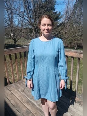 Zara Woman Premium Denim Collection Blue Long Tie Sleeve Dress Medium